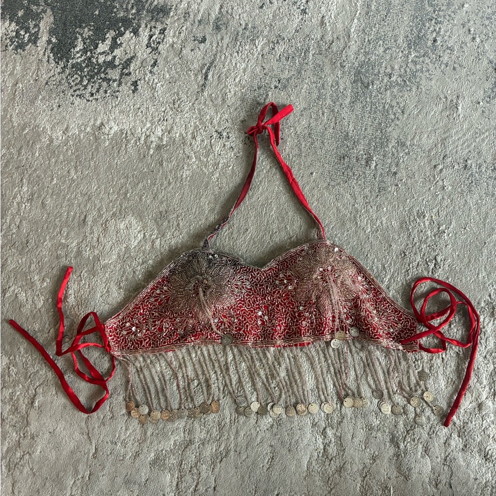 Red Beaded Halter Top with Fringe